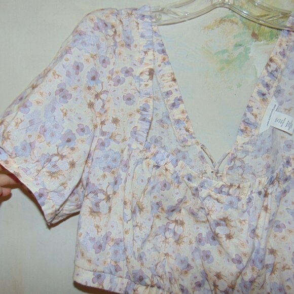 H&M LINEN Blend Cropped Watercolor Floral Blouse Top Prairie Corset Back Violet - Picture 6 of 10